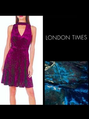 NWOT London Times Crushed Velvet Choker Neck Teal Dress